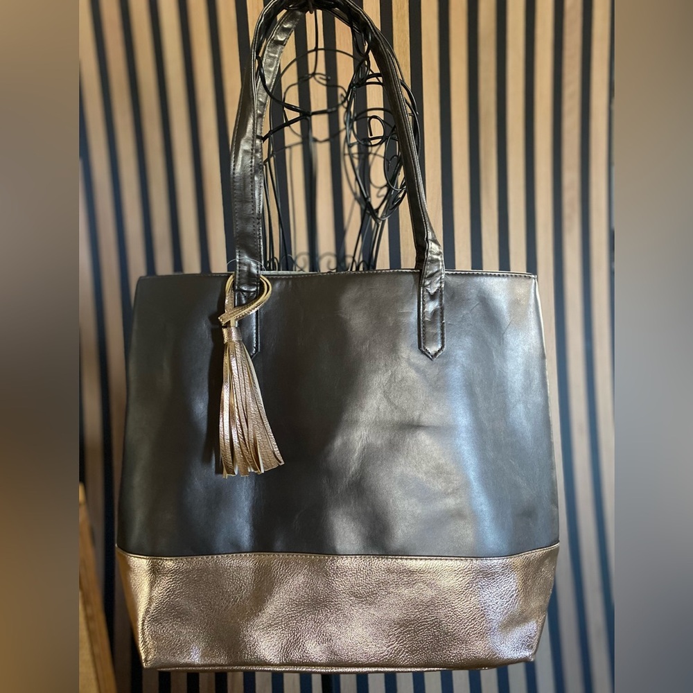 Black and Metallic Gold Two-Tone Leather Tote